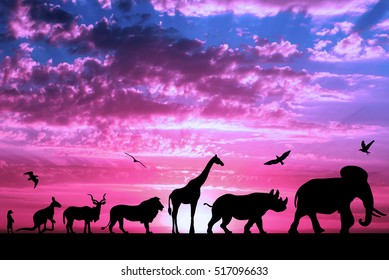 Silhouettes Of Animals On Purple Cloudy Sunset Background