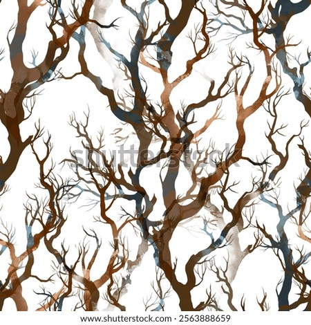 Silhouettes of bare tree branches seamless pattern. Hand drawn endless motif. Watercolour and digital illustration. Mixed media art for textiles, fabrics, souvenirs, packaging, prints, decoupage paper
