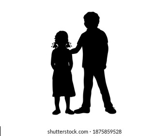 Silhouettes Of Boy And Girl. Older Brother And Younger Sister. Illustration Graphics Icon