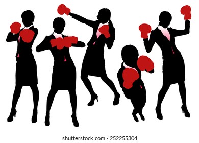 Silhouettes of Business woman boxing and punching, business competition concept.