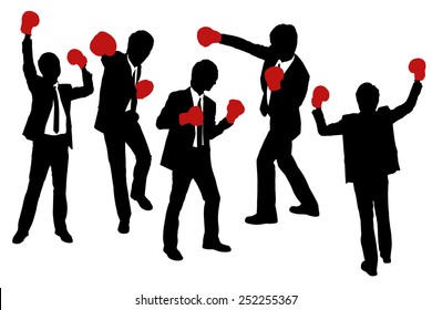 Silhouettes of Businessmen wearing boxing gloves in a victory pose