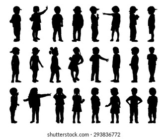 silhouettes of children of 2-6 years old standing in different postures, front, back and profile view, summertime