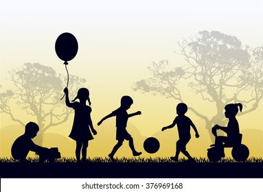 Silhouettes of children playing outside in the grass and trees - Powered by Shutterstock