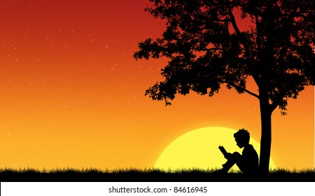 Silhouettes Children Read Book Under Tree Stock Illustration 84616945 ...