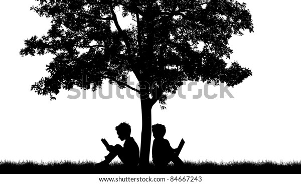 木の下で本を読む子どものシルエット のイラスト素材