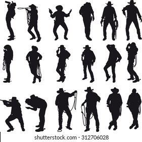 Silhouettes Cowboy Traditional Costume Various Situations Stock 