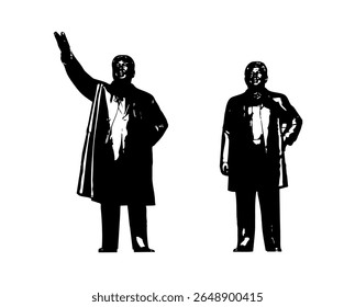 The silhouettes depict the statues of former North Korean leaders Kim Il-sung and Kim Jong-il, standing prominently against a bright background.