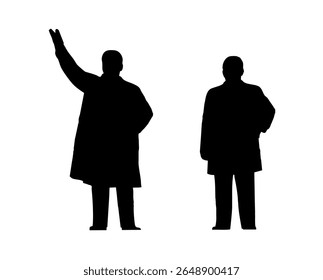 The silhouettes depict the statues of former North Korean leaders Kim Il-sung and Kim Jong-il, standing prominently against a bright background.