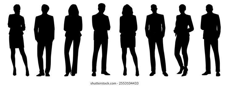 Silhouettes of diverse business professionals, men and women, standing confidently. Business attire, diverse team, professional silhouettes. Business people silhouettes isolated on white background. - Powered by Shutterstock