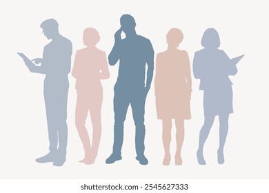 Silhouettes of diverse professionals, male and female, standing and reading. Business attire, diverse group, professionals in silhouette, reading documents. - Powered by Shutterstock