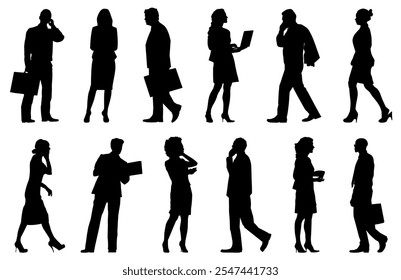 Silhouettes of diverse professionals, men and women, in various poses. Business attire, standing, walking, talking. Office setting, corporate, diverse group. Business people isolated on white. - Powered by Shutterstock