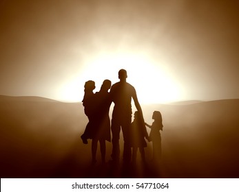 Silhouettes of a family looking towards the light.