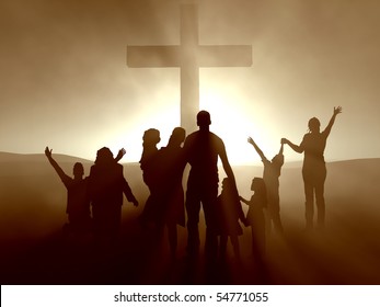 Silhouettes of family and people at the cross of Jesus.
