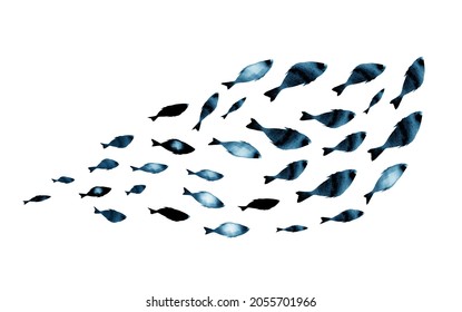 Silhouettes groups  fishes white  Watercolor  Dark blue