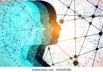 Silhouettes Of The Head Of Men. Mental Health Relative Brochure Or Report Design Template. Scientific Medical Designs. Teamwork And Communication Concept. Connected Lines With Dots.