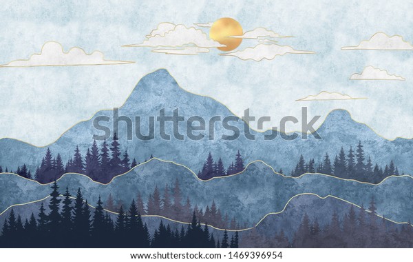 Silhouettes of mountains with trees. Abstraction of textured plaster with gold elements. Mural, mural, Wallpapers for interior printing