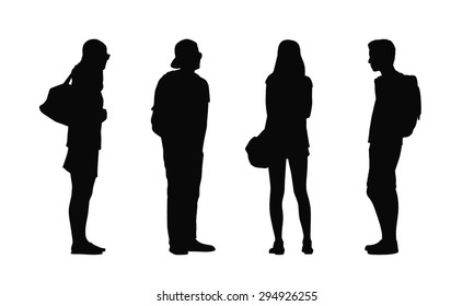 silhouettes of ordinary young adults standing outdoor in different postures looking around, summertime, front, back and profile views