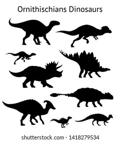 Silhouettes Of Ornithischian Dinosaurs. Set. Side View. Monochrome Illustration Of Black Silhouettes Of Dinosaurs On White Background. Ornithischia. Proportional Dimensions.