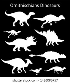 Silhouettes Of Ornithischian Dinosaurs. Set. Side View. Monochrome Illustration Of White Stencils Of Dinosaurs On Black Background. Ornithischia. Proportional Dimensions.