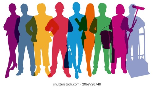 Silhouettes of people from different professions stand together as a labor market concept