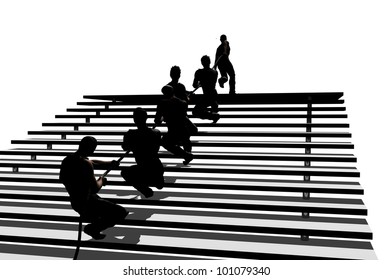 Silhouettes of people pulling the rope on a white background