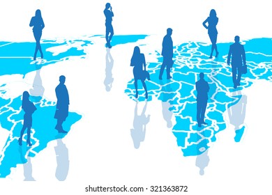 Silhouettes People Stand On Blue Cartography Stock Illustration ...