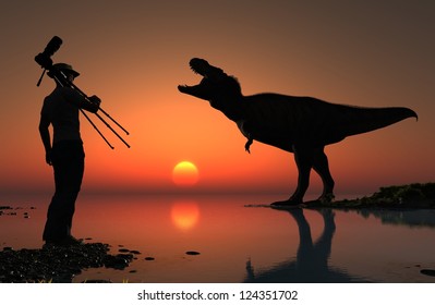 Silhouettes of photographer and dinosaur at sunset.