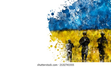 Silhouettes of soldiers with weapons, army on background of national flag of Ukraine, watercolor illustration. Concept military conflict, revolution, war. Banner, copy space.