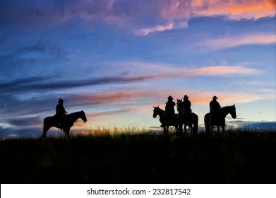 Silhouettes Of Three Cowboys On Horseback