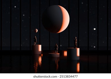 silhouettes of three men standing in the shadow of the water while looking at a large orange black ball like the moon. 3d illustration - Powered by Shutterstock