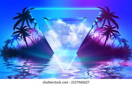 Silhouettes of tropical palm trees against an abstract background with a dark cloud. Reflection of palm trees in the water. Geometric figure in neon glow. Beach party. 3d illustration - Powered by Shutterstock