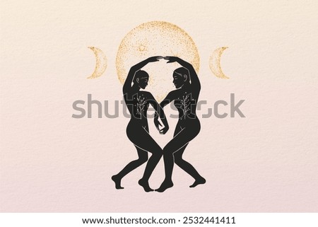Silhouettes of two figures dancing under a celestial moon and stars. Elegant dance poses with celestial elements. Artistic and mystical dance theme. Spiritual yoga, aesthetic background.
