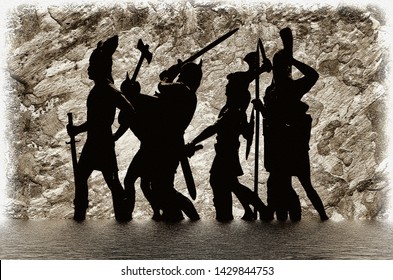 Silhouettes Well Armed Vikings Standing Water Stock Illustration ...