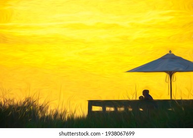 Silhouettes of woman and child sitting together under a beach umbrella on a wooden platform overlooking the Gulf of Mexico at sunset, with digital painting effect. 3D rendering.