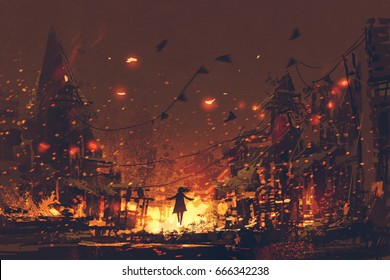 silhouettes of woman on burning village background, digital art style, illustration painting