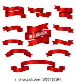 Silk Red 3d Ribbon Banners Set Isolated. Illustration Of Red Ribbon Collection For Decoration Swirl