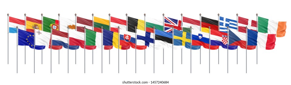 Silk waving 28 flags of countries of European Union. Isolated on white. 3D illustration. - Illustration - Shutterstock ID 1457240684
