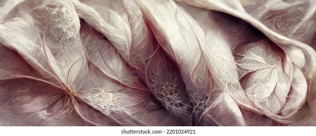 Silk Wavy Composition. Abstract Texture Of Silk Chiffon Fabric In Champagne Color. Silk Fabric Mockup As Artistic Layout Background.