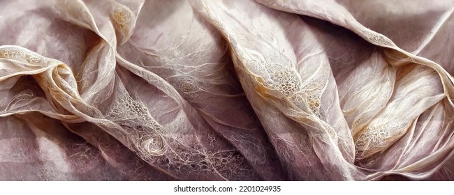 Silk Wavy Composition. Abstract Texture Of Silk Chiffon Fabric In Champagne Color. Silk Fabric Mockup As Artistic Layout Background.