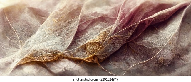 Silk Wavy Composition. Abstract Texture Of Silk Chiffon Fabric In Champagne Color. Silk Fabric Mockup As Artistic Layout Background.