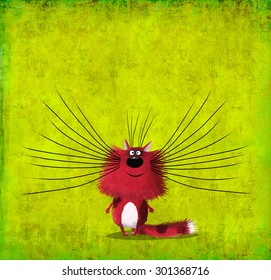 A silly red cat with long whiskers standing on a beautiful lime background.