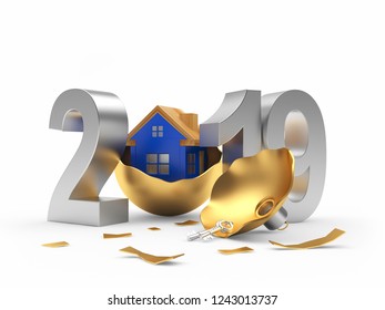 Silver 2019 New Year And Broken Christmas Ball With Blue House Icon Isolated On White Background. 3D Illustration