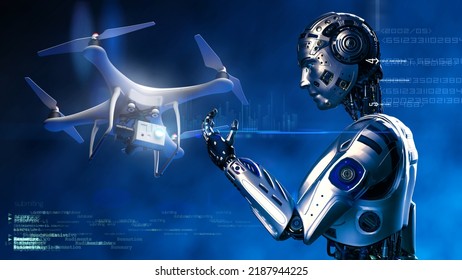 Silver AI Robot and white drone loaded with some of most advanced imaging and flight technologies under blue lighting. Concept 3D CG of video production, agriculture solution and public safety. - Powered by Shutterstock