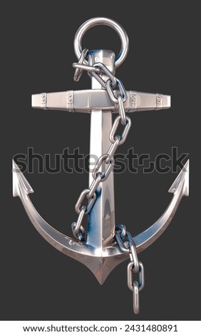 silver anchor with chain, 3d render