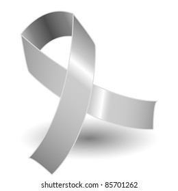 Silver awareness ribbon over a white background with drop shadow, simple and effective.