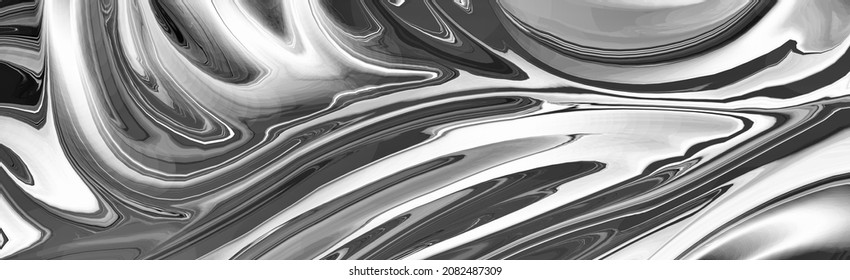 Silver background, chrome background, abstract marbled paint texture pattern in white black and gray waves and swirls, metallic fluid or liquid flowing in abstract pattern