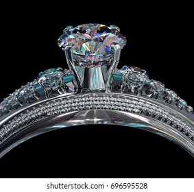 Silver band for engagement with gem. Top view of diamond facetes luxury jewellery bijouterie ring from white gold or platinum with gemstone. 3D rendering on black background. Beautiful tiara.