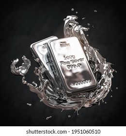 Silver Bar Or Bullion Ingot In Liquid Silver Metal Splash On Black Background. 3d Illustration