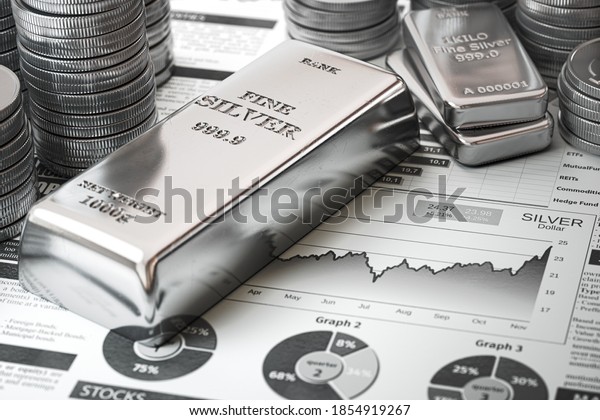 Silver bar, ingots\
and coins on financial  report. Growth of silver on stock market\
concept. 3d\
illustration