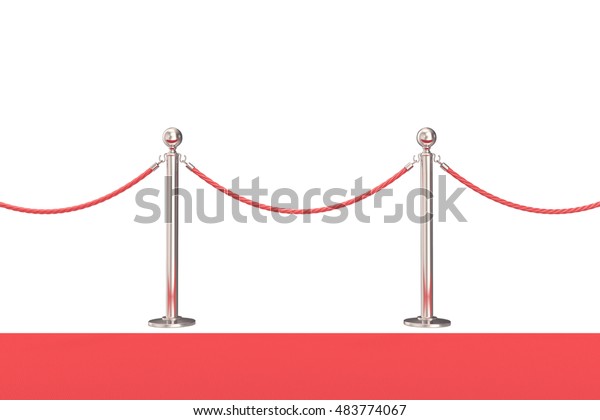 Silver barrier with red rope. 3d illustration\
isolated on white